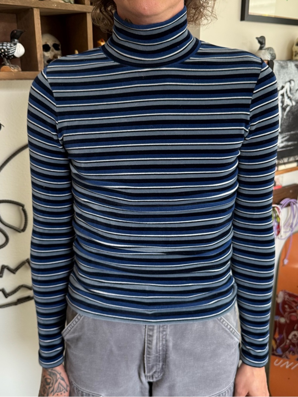 Vintage 90s Velour Striped Long Sleeve Turtleneck Energie ~ Size Medium